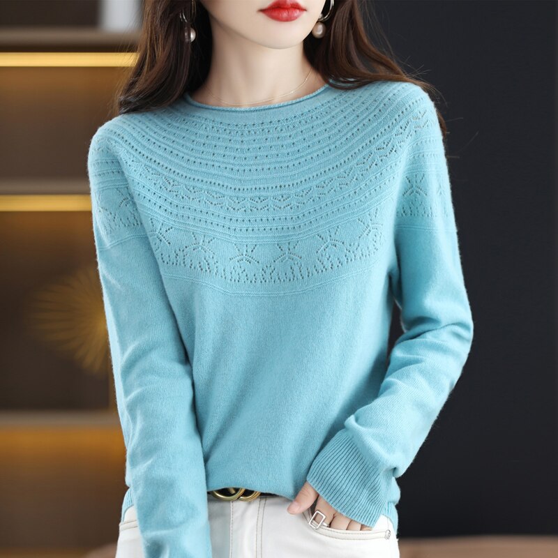 100 Wool Classic Round Neck Cutout Sweater Fashion Cutout Loose Long Sleeve Undercoat New Design Taste Popular Sweater Girl