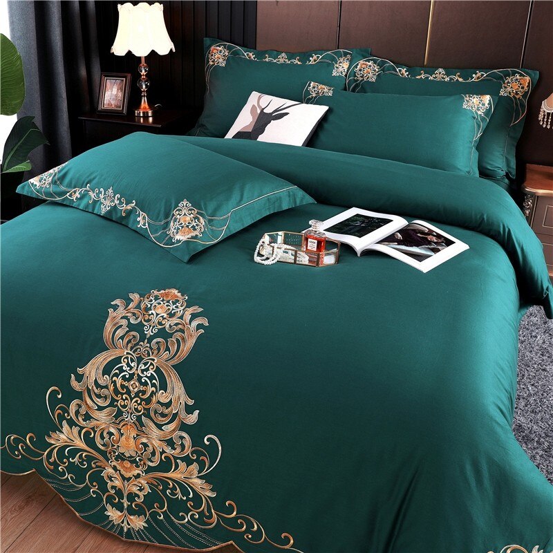 Bedding Set- Double Queen King 4Pcs Embroidery Chic Boho Comforter Cover set Premium Cotton Soft Bedding Set Duvet cover Bed Sheet Pillowcase