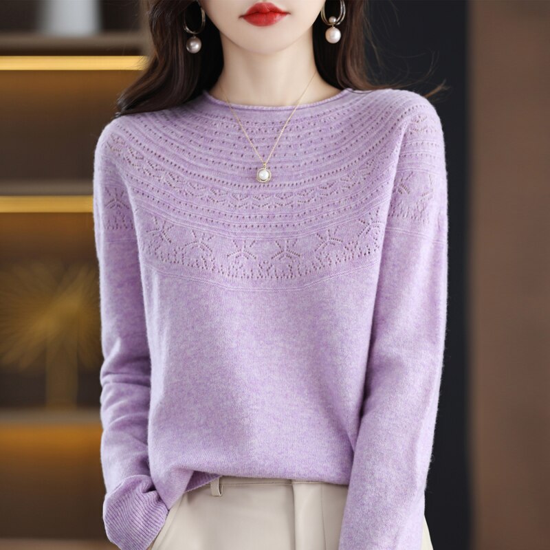 100 Wool Classic Round Neck Cutout Sweater Fashion Cutout Loose Long Sleeve Undercoat New Design Taste Popular Sweater Girl