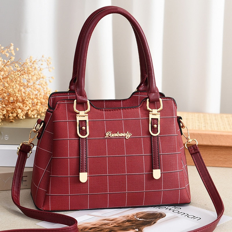 TRAVEASY 2022 PU Leather Plaid Patchwork Female Shoulder Bag Casual Zipper Large Capacity Top-Handle Bag for Women Crossbody Bag