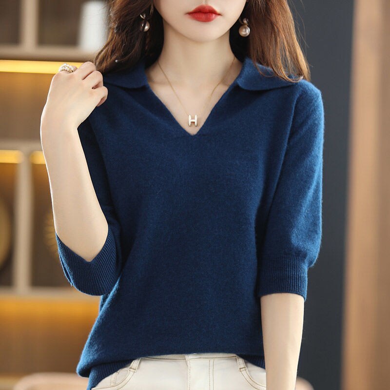 Fashion V-Neck Solid Color Pullovers Sweater Women&#39;s Clothing 2022 New Half Sleeve Casual Tops Loose Office Lady Knitted Basic