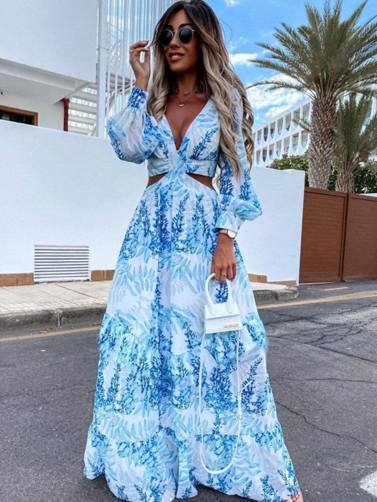 Elegant Sexy V Neck Hollow Out Long Dress For Women 2022 Autumn Casual Long Sleeve Print Bohemian Beach Vacation Midi Dresses