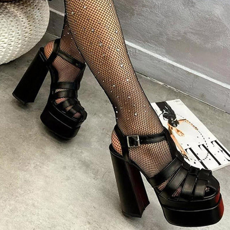 Women Sandals Solid High Heels Buckle Ankle Strap Ladies Shoes Thick Heels Platform Fashion Summer Female Pumps 2022 New Sandals