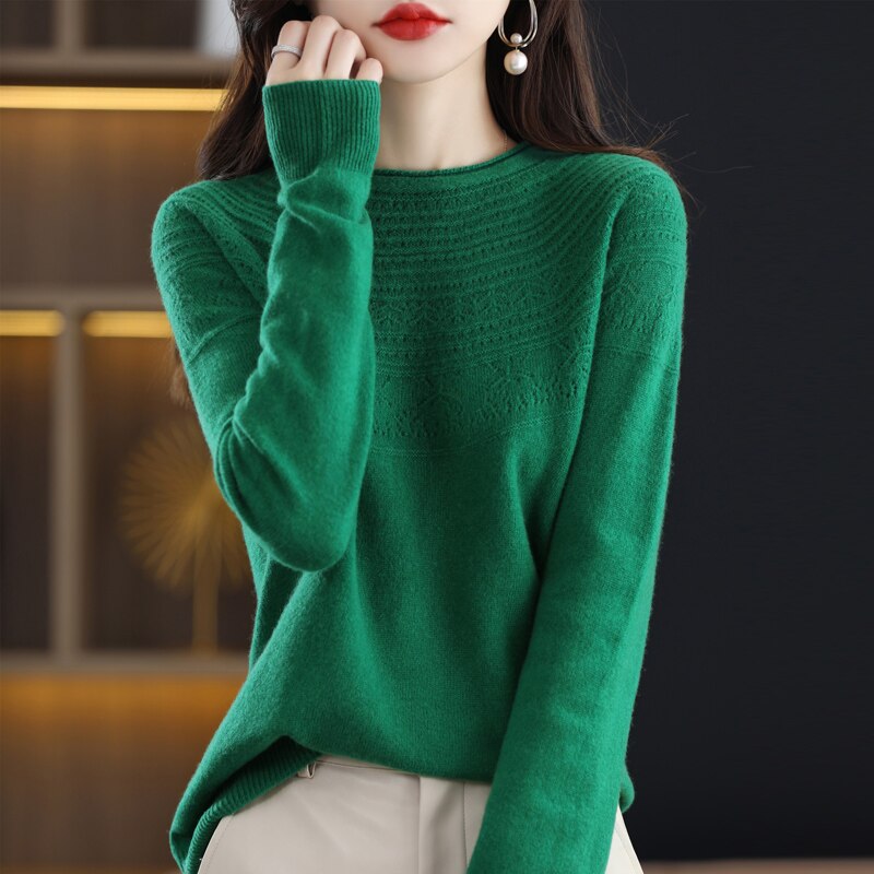 100 Wool Classic Round Neck Cutout Sweater Fashion Cutout Loose Long Sleeve Undercoat New Design Taste Popular Sweater Girl