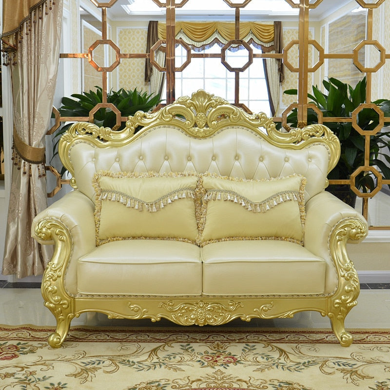 European-style Leather Sofa Combination 123 Luxury Living Room Furniture Full Solid Wood Oak Sofa Champagne Couch Modern Home