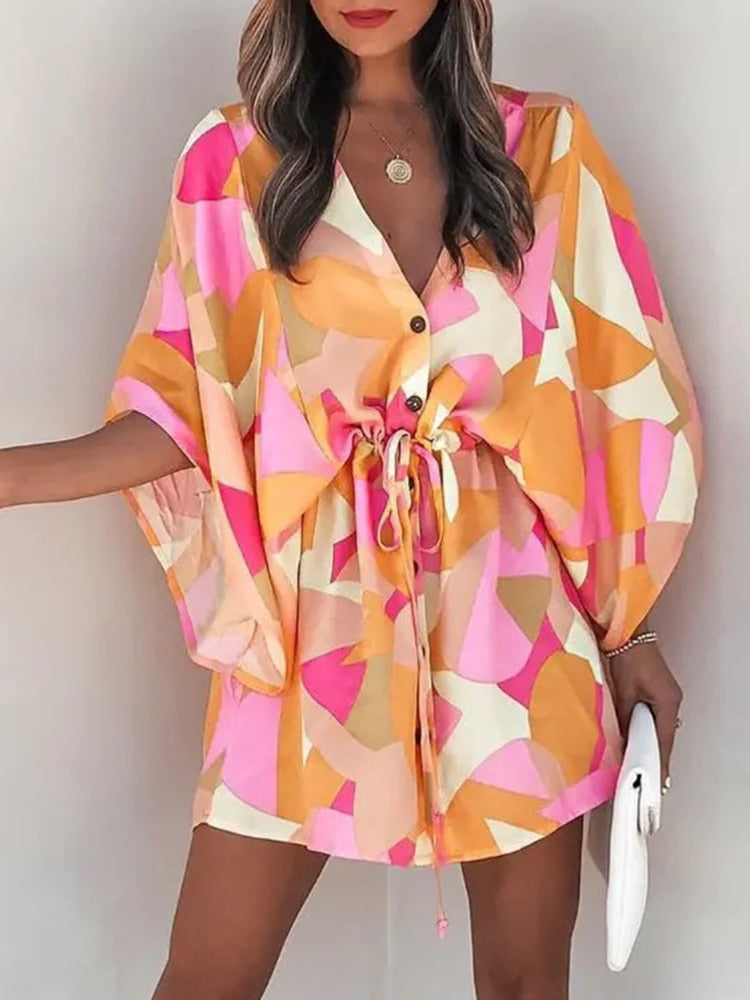 Casual Boho Beach Vacation Mini Dress Women Summer Print Lace Up Button Batwing Sleeve Dresses For Women&#39;s Loose  Female Robe