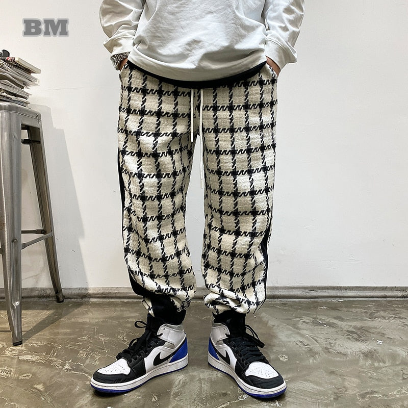 Japanese Streetwear Black White Checked Sweatpants Men Clothing Harajuku Casual Sport Jogging Pants Korean Hip Hop Joggers Male