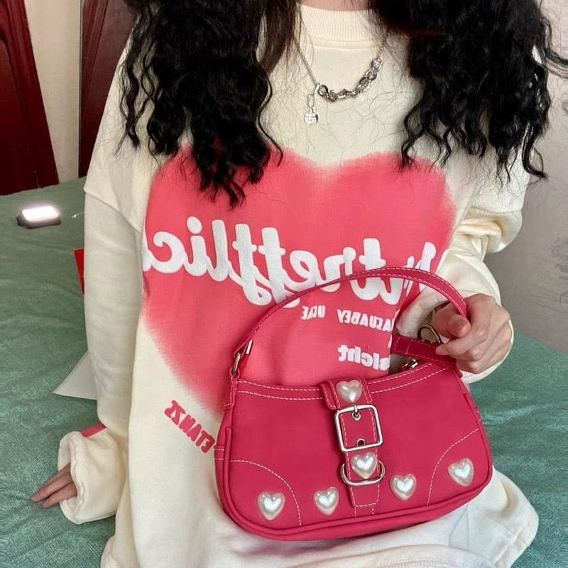 Xiuya Harajuku Vintage Female Shoulder Bag 2022 Rose Red Heart Japanese Goth Lolita Bag Female Handbags Mobile Phone Pouch Purse