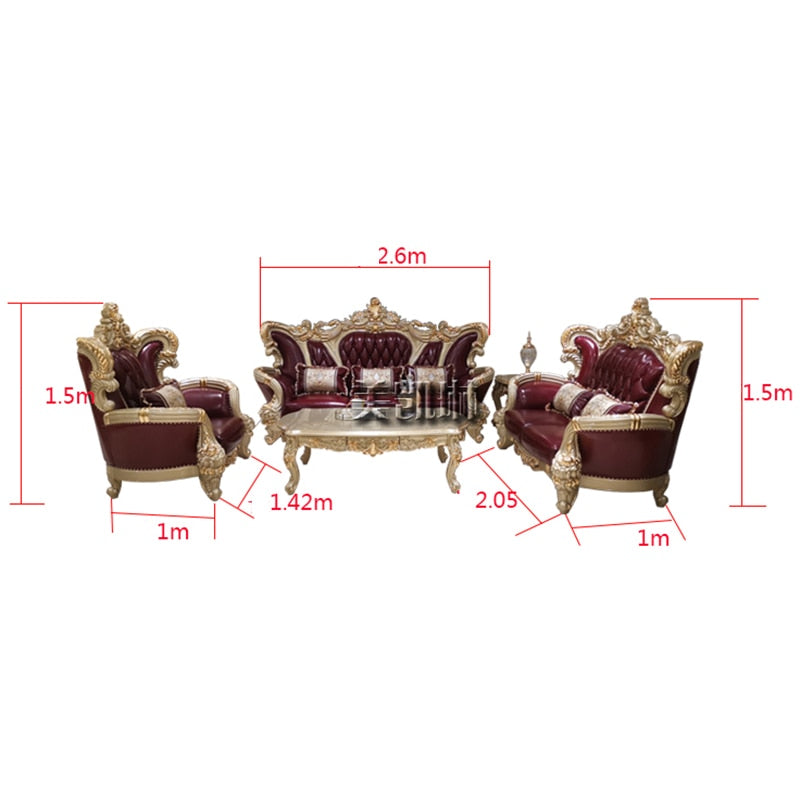 Leather Sofa 123 Combination with Coffee Side Table Living Room Luxury Solid Carved High-end Champagne Gold Sofas European-style