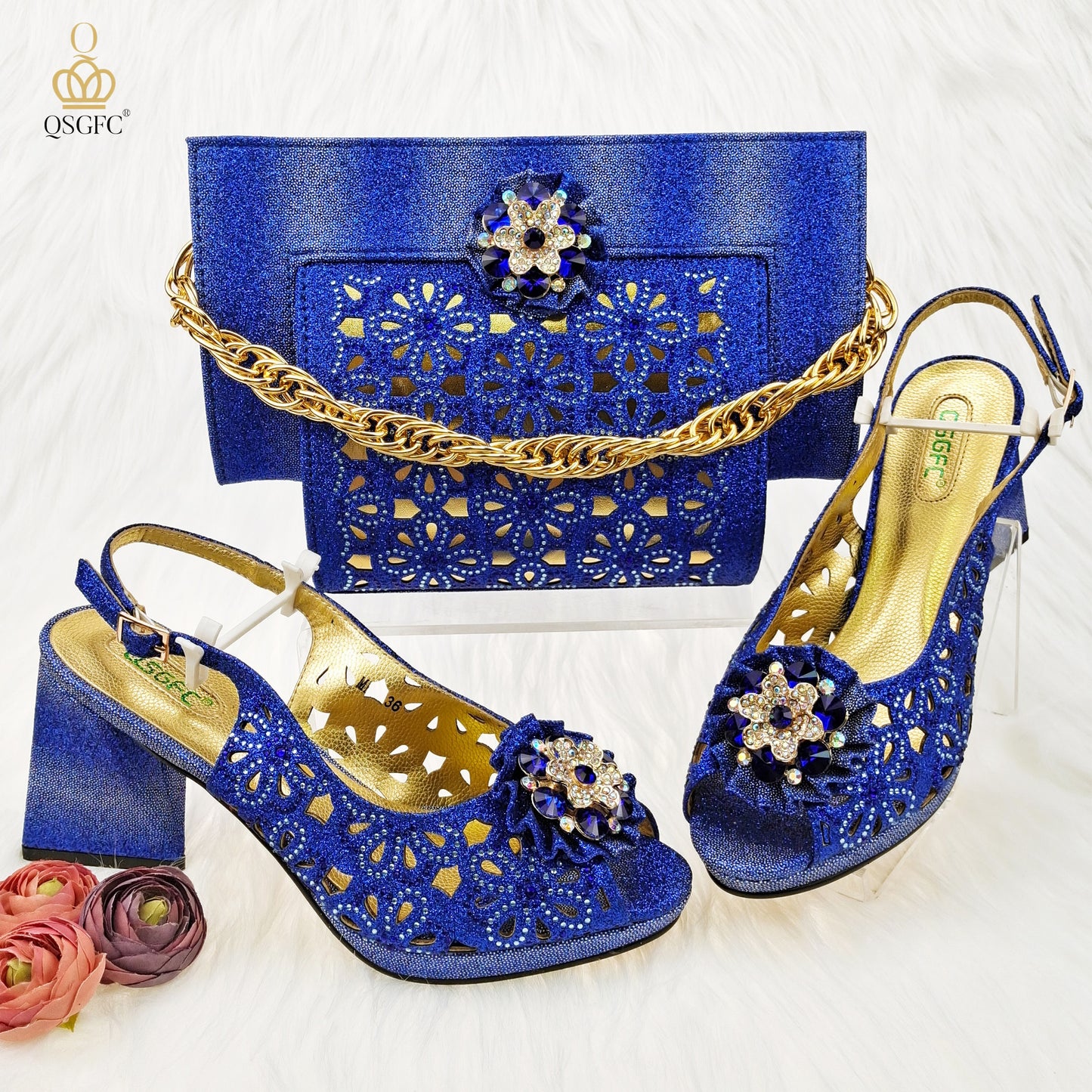 QSGFC Newest Gold Color Cutout Pumps High Heels Decorated with Rhinestone Flower Design Party Women&#39;s Shoes and Bags Set