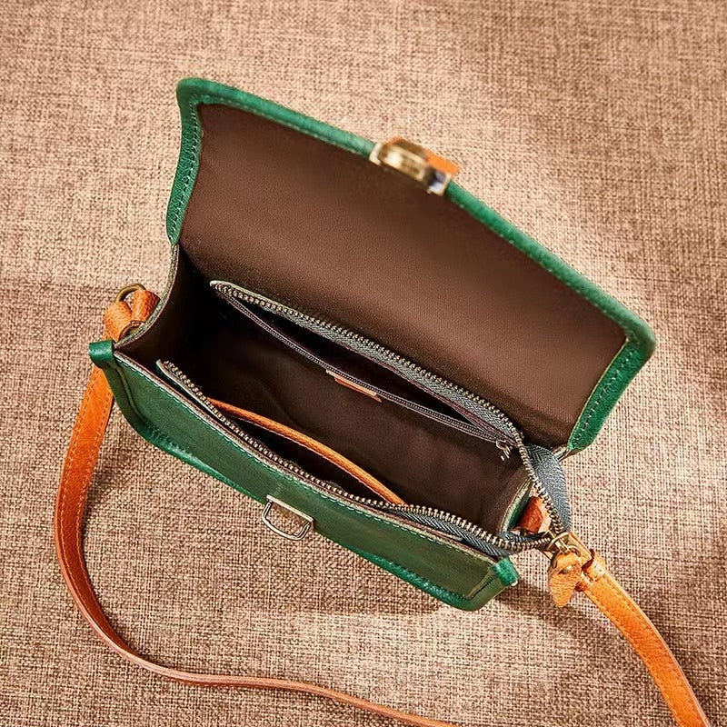 2022 New Vegetable Tanned Leather  Bag Retro Single Shoulder Messenger Small Square Bag