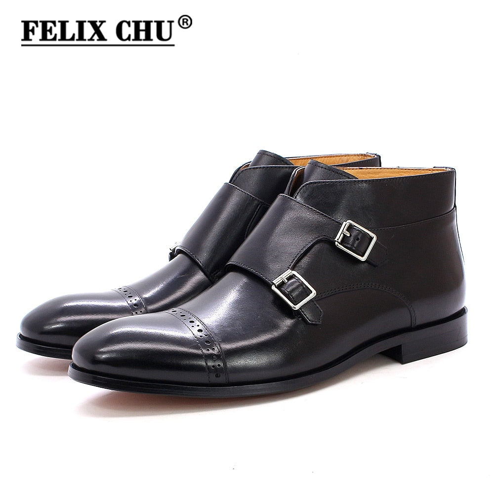 Handmade Men Ankle Boots Felix Chu Genuine Leather Mens Motorcycle Boots Black Red Buckle Strap High Top Dress Shoes for Men