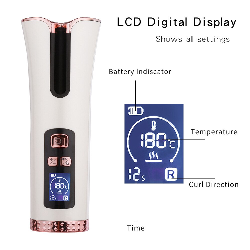 Cordless Hair Curler Automatic Curling Iron with LCD Digital 5200mAh Temperature Display and Timer 3 Adjustable USB Rechargeable