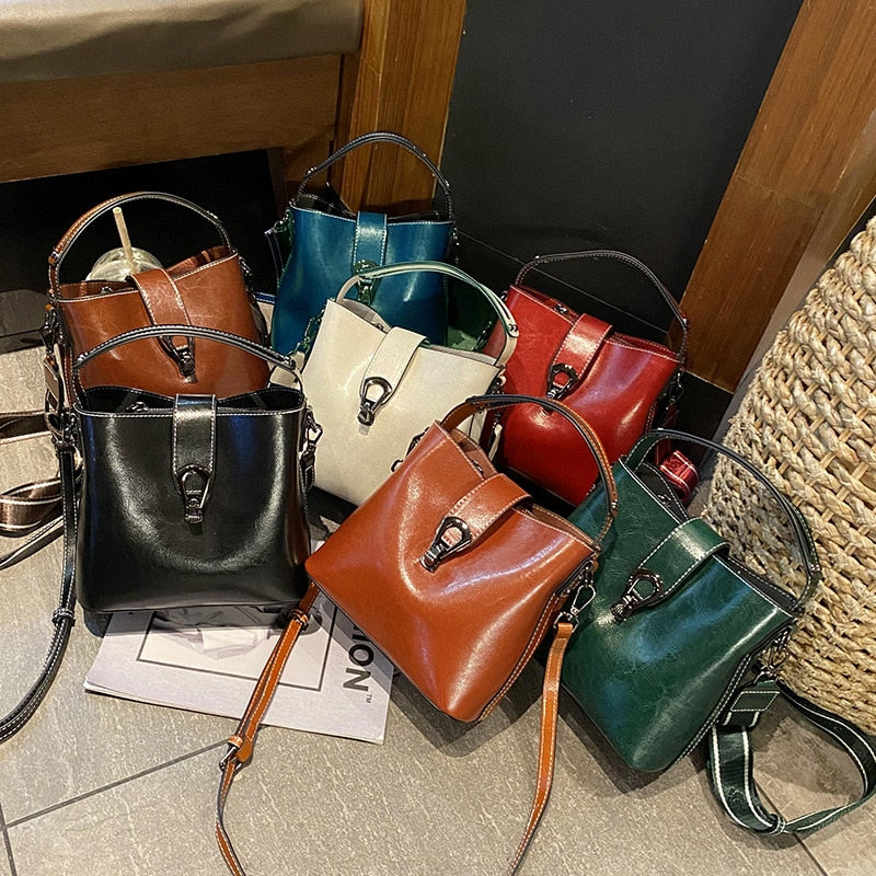 Real Cowhide Leather Women&#39;s New Bucket Bag Lady Fashion Single Shoulder Messenger Bag Versatile Handbag Casual Crossbody Bags