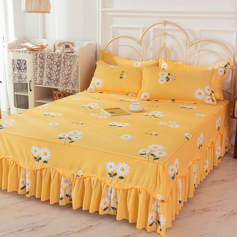 3Pcs Bed Sheet Cotton Lace Skirt Elastic Fitted Double Bedspread Mattress Cover Home Pillowcase Bedding Set Bedsheet 2 Seater