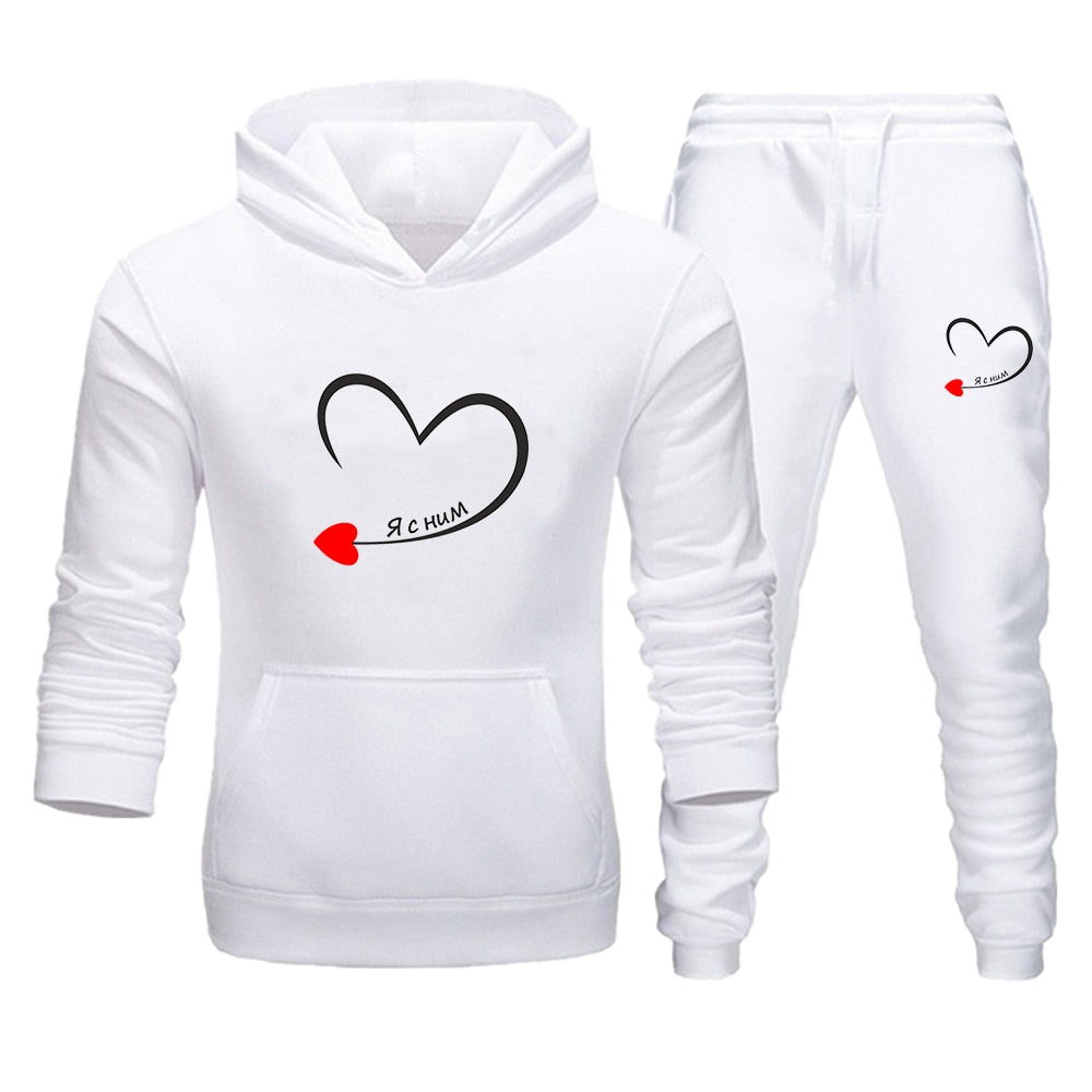 2023 Couples Tracksuit Love Heart Print Lover Hoodie and Pants 2 PCS Clothes Men Women Sweatshirts and Trousers Fleece Suits