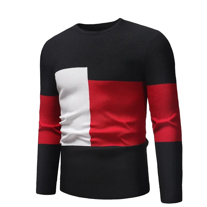 Mens Knitted Pullovers Contrast Color Stitching Slim Round Neck Sweater Fashion Casual Base Kintwear Male Clothing Autumn/Winter