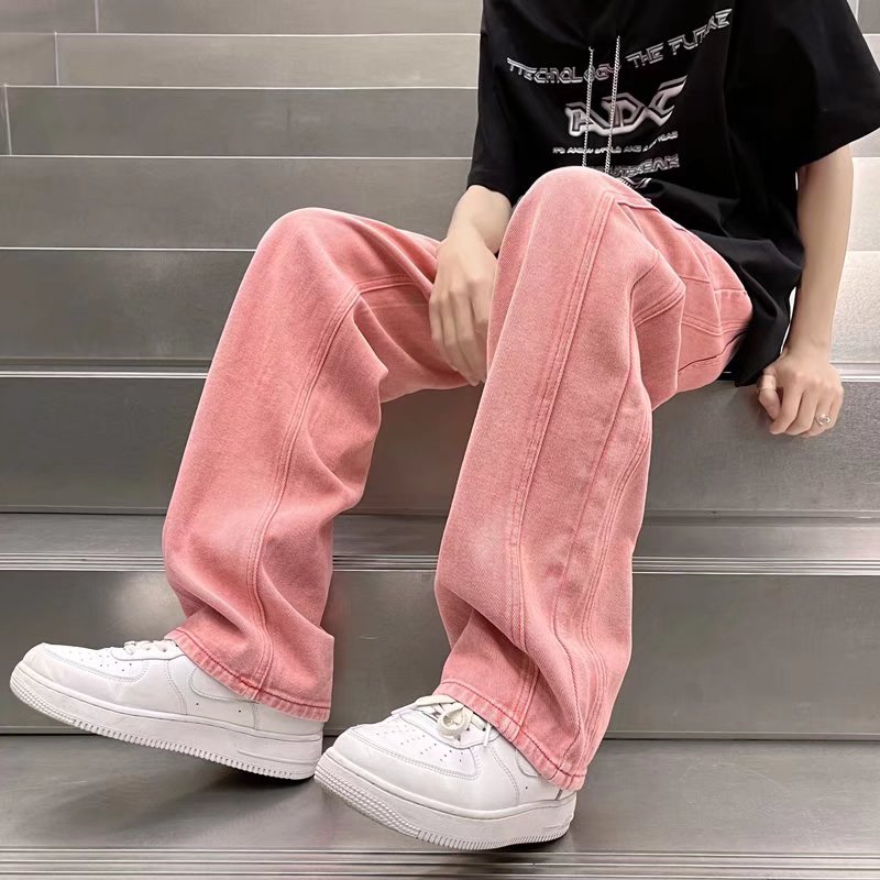 Street Vibe Style Jeans Men&#39;s Loose Straight Pants Trendy Brand American Baggy Wide-leg Pants Pink Jeans Spring and Autumn