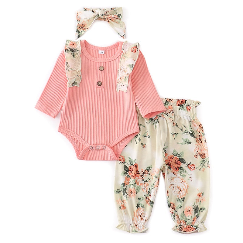 Autumn Baby Girl Clothes Sets Fashion Toddler Outfits Long Sleeve Tops Flower Pants Headband Cute 3Pcs Newborn Infant Clothing