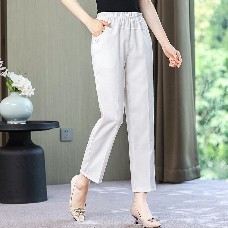 Summer Cotton Linen Pants for Women Bottoms 2023 New Elegant Classic Elastic Waist Harem Pants Woman High Waisted Trousers