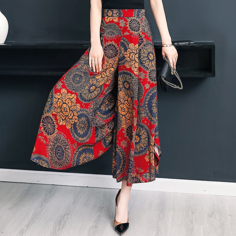 2023 New Summer Wide Leg Pants Women High Quality Loose Bohemian High Waist Skirt Pants Summer Vintage Trousers Women Bottoms