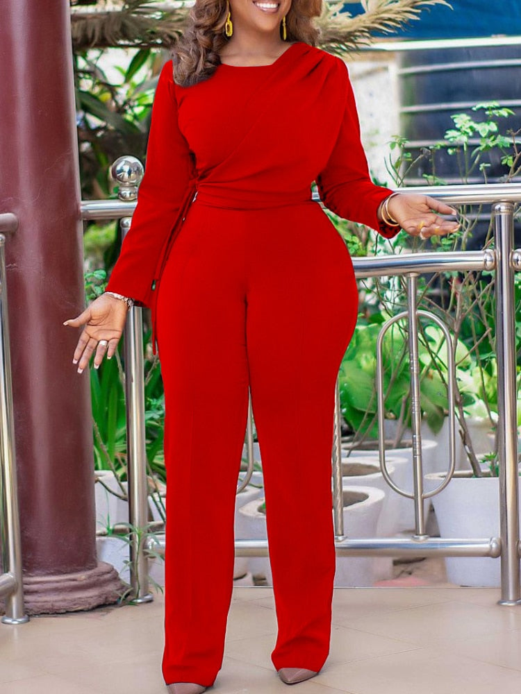 Wide Leg Casual Jumpsuit 2022 Women Long Sleeve Solid Slim Fit Ladies Overalls Red African Elegance Rompers Autumn Clothing