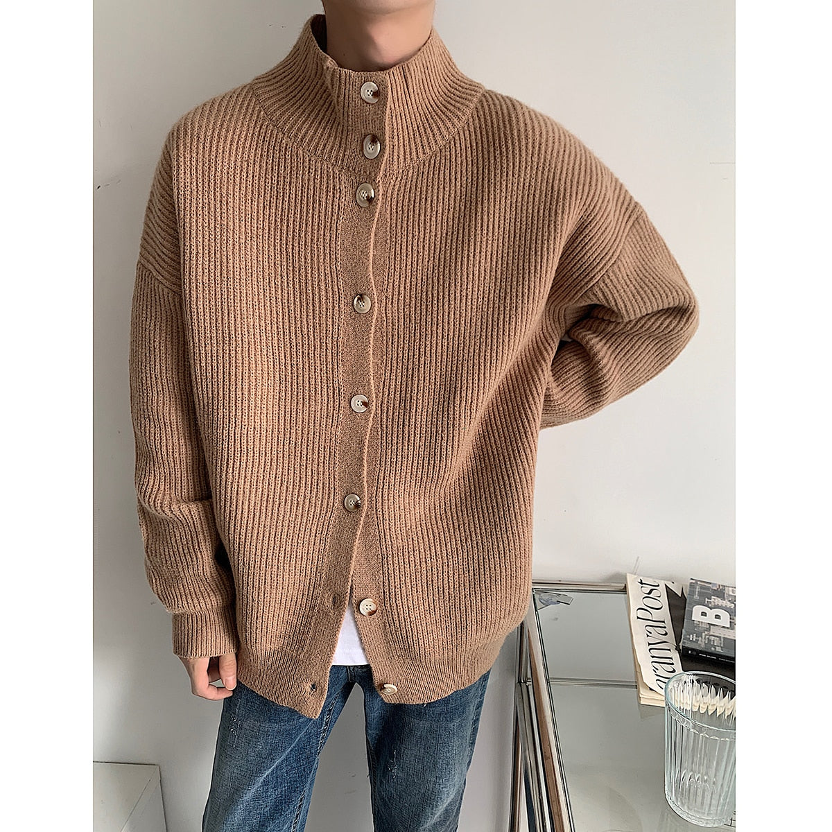 Turtleneck Sweatercoats Men Korean Cardigans Casual Single-breasted Knit Sweater Autumn Winter New Loose Knitwear Sweater Men