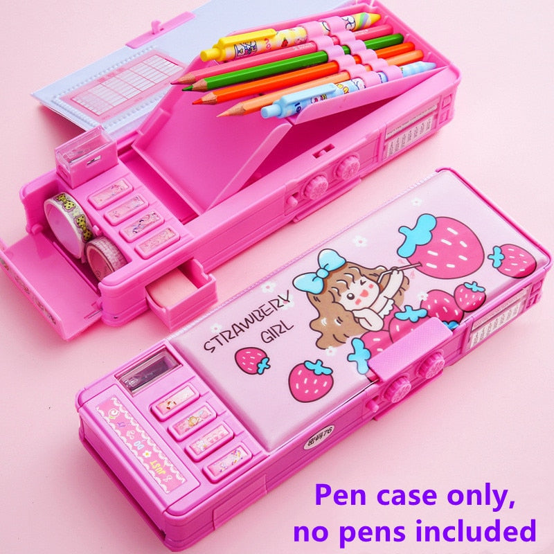 Mechanical deformation combination lock stationery box girl cute pencil case school student pencil box Cartoon plastic pen case