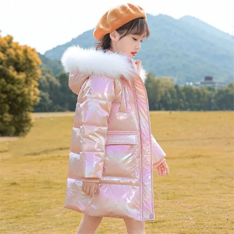 2022 Winter Shiny Jackets Girls Fur Collar Hooded Warm Parka Big Children 4-12 Years Kids Teenage Long Cotton Outerwear Snowsuit