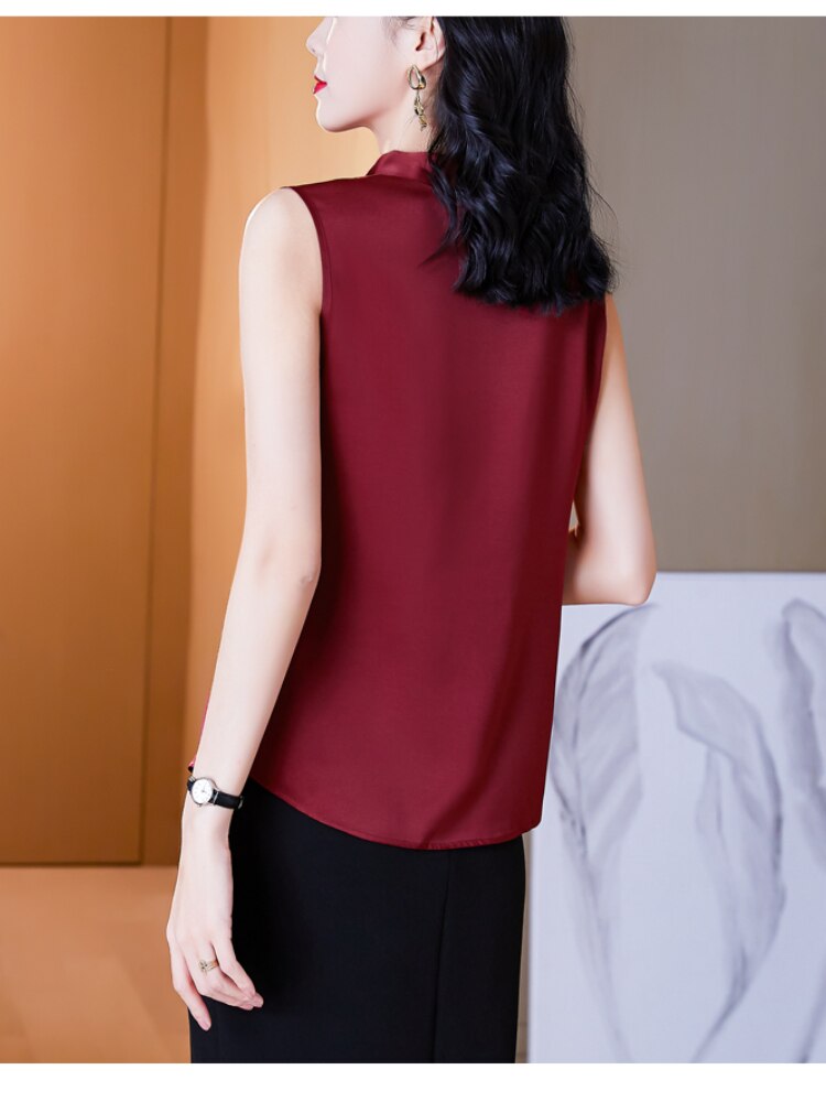 2022 Fashion Summer Satin Blouse V-Neck Sleeveless Womens Tops and Blouses Diamonds OL Women Clothing Chiffon Solid Ladies Tops