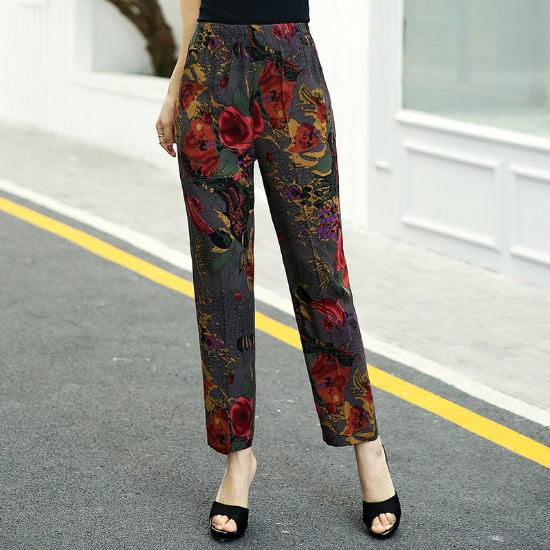 2023 Summer Casual Pencil Pants Women Bottoms Vintage High Waist Pants with Print Elastic Waist Middle Aged Women Trousers