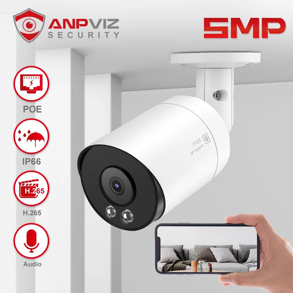 Anpviz 5MP Bullet POE IP Camera Outdoor Security Camera 30m IR Hikvision Compatible With Audio Motion Alarm IP66 H.265 Danale