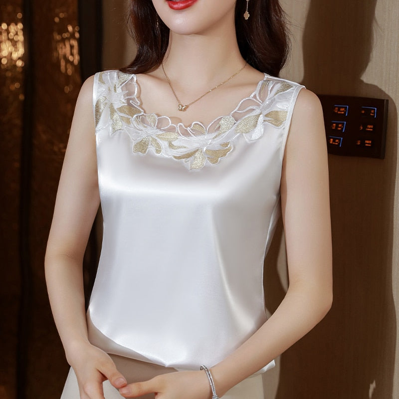 Womens Tops Satin Blouses for Women Women&#39;s Vest Lace Sleeveless Tank Top Floral Elegant Blouse Silk Women Clothing Ladies Tops