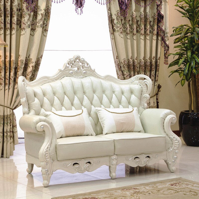 European Style Villa Sofa Small Apartment First Layer Leather 1+2+3 Cowhide Combination Ivory White Living Room Furniture