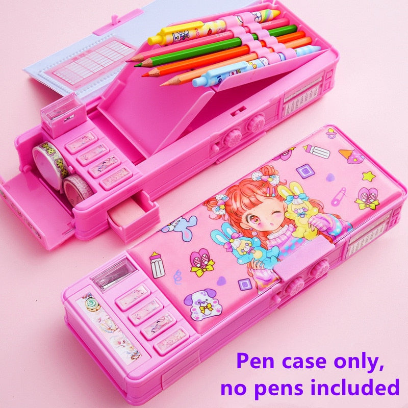 Mechanical deformation combination lock stationery box girl cute pencil case school student pencil box Cartoon plastic pen case