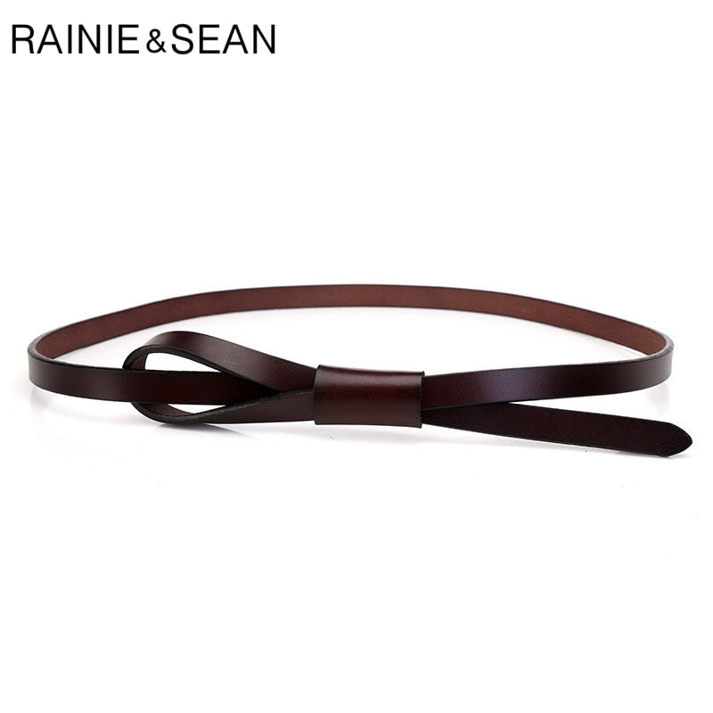 RAINIE SEAN Thin Real Leather Women Belt Korean Casual Ladies Knot Belts for Dresses Autumn Camel Self Tie Strap Accessories
