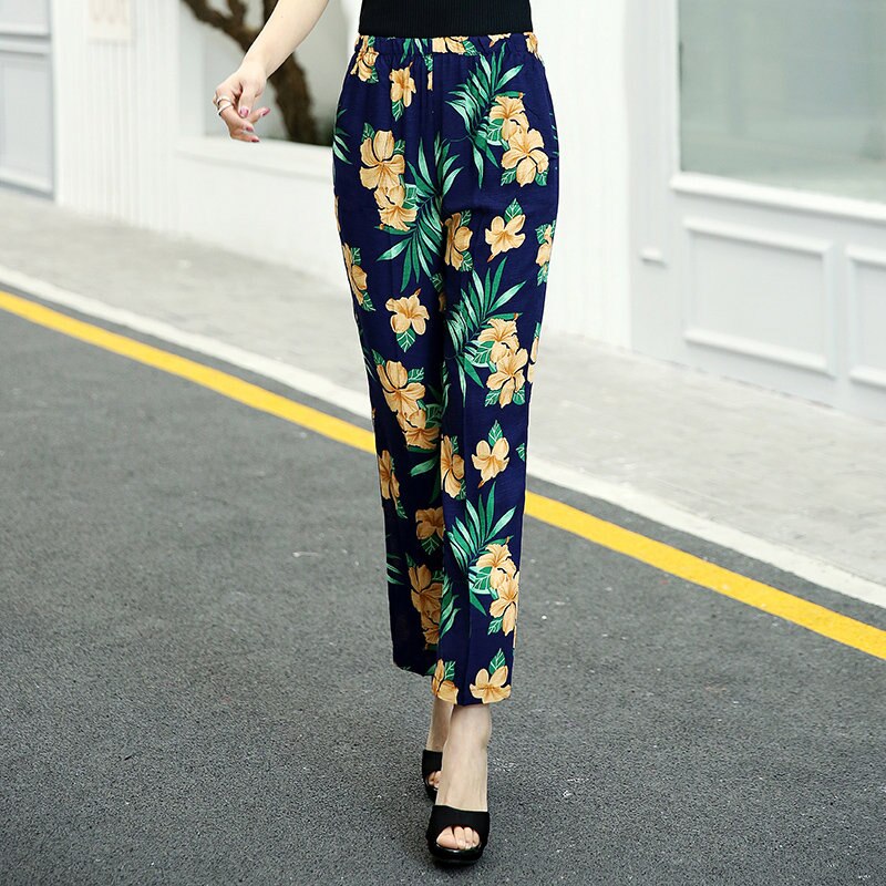 2023 Summer Casual Pencil Pants Women Bottoms Vintage High Waist Pants with Print Elastic Waist Middle Aged Women Trousers