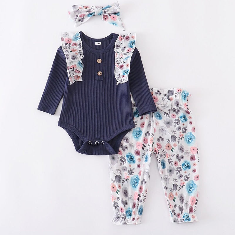 Autumn Baby Girl Clothes Sets Fashion Toddler Outfits Long Sleeve Tops Flower Pants Headband Cute 3Pcs Newborn Infant Clothing