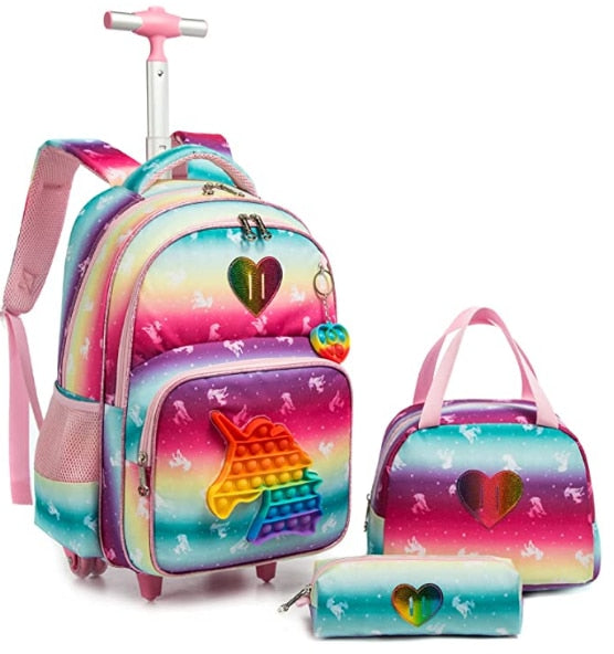 Children 3pcs Schoolbag set with Wheels School Trolley Bag with lunch bag School Rolling Backpack Set Wheeled backpack for girls