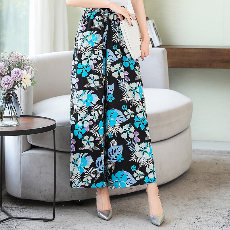 Summer Wide Leg Pants Women Loose High Waist Beach Ankle-Length Trousers Summer Casual Retro Print Plaid Pants