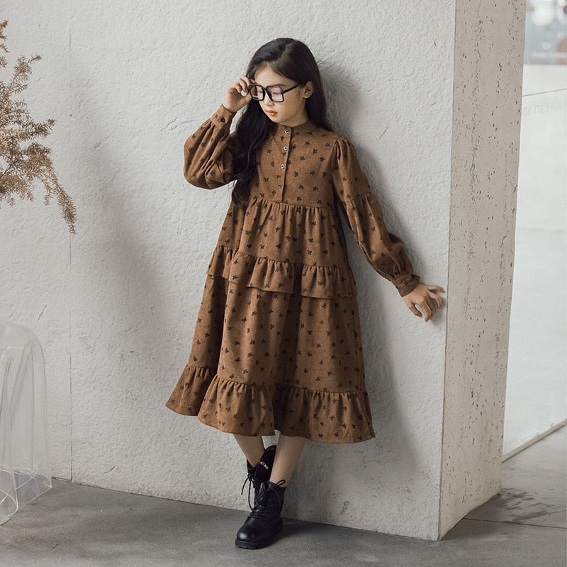 kids teen girls fall winter corduroy floral print ruffle flare dress children teen girl 6 to 16 years fashion casual dresses