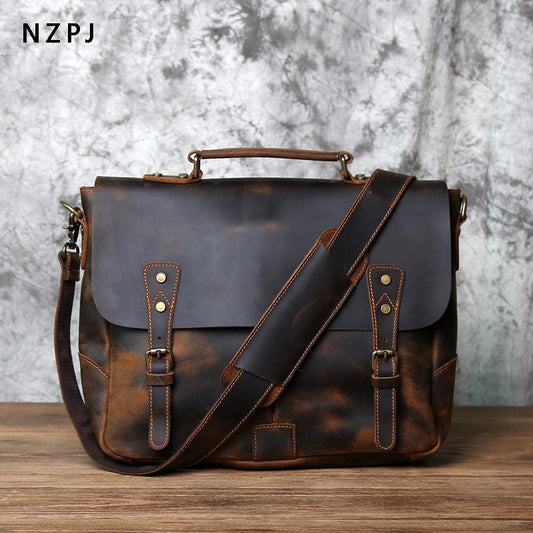 Retro Leather Men&#39;s Handbag Top Layer Leather Horizontal Computer Bag Crazy Horse Leather Men Casual Shoulder Messenger Bag NZPJ