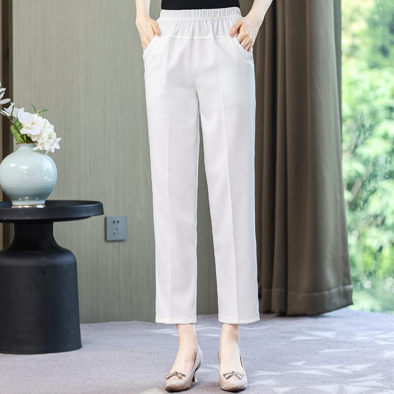 Summer Cotton Linen Pants for Women Bottoms 2023 New Elegant Classic Elastic Waist Harem Pants Woman High Waisted Trousers