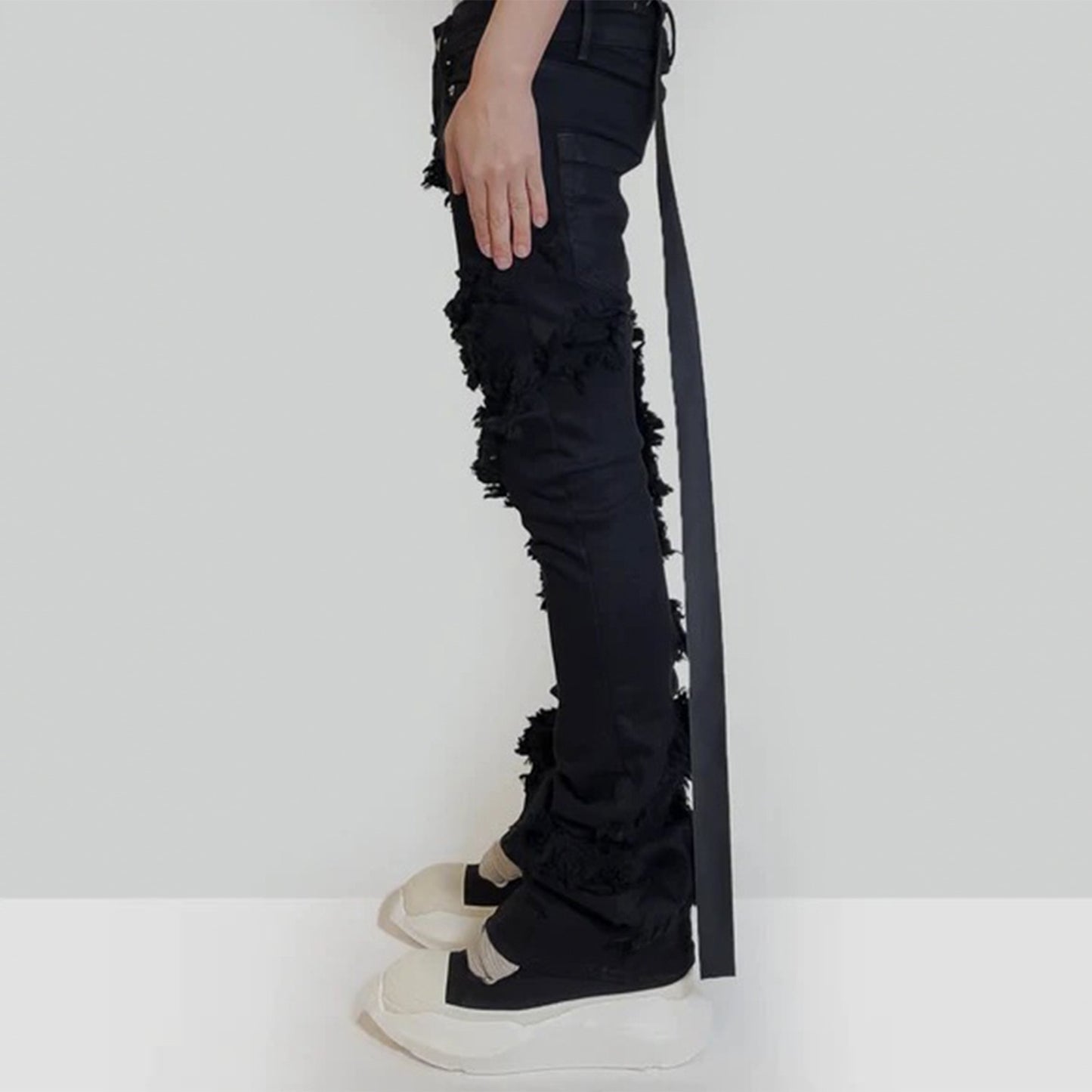 ins dark series washed and distressed raw edge jeans men&#39;s streetwear hip-hop stitching flared pants patchwork jeans