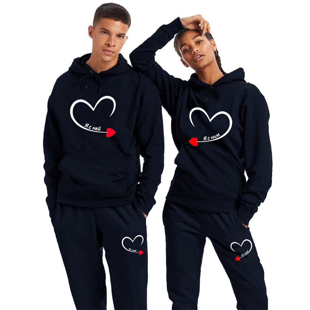 2023 Couples Tracksuit Love Heart Print Lover Hoodie and Pants 2 PCS Clothes Men Women Sweatshirts and Trousers Fleece Suits