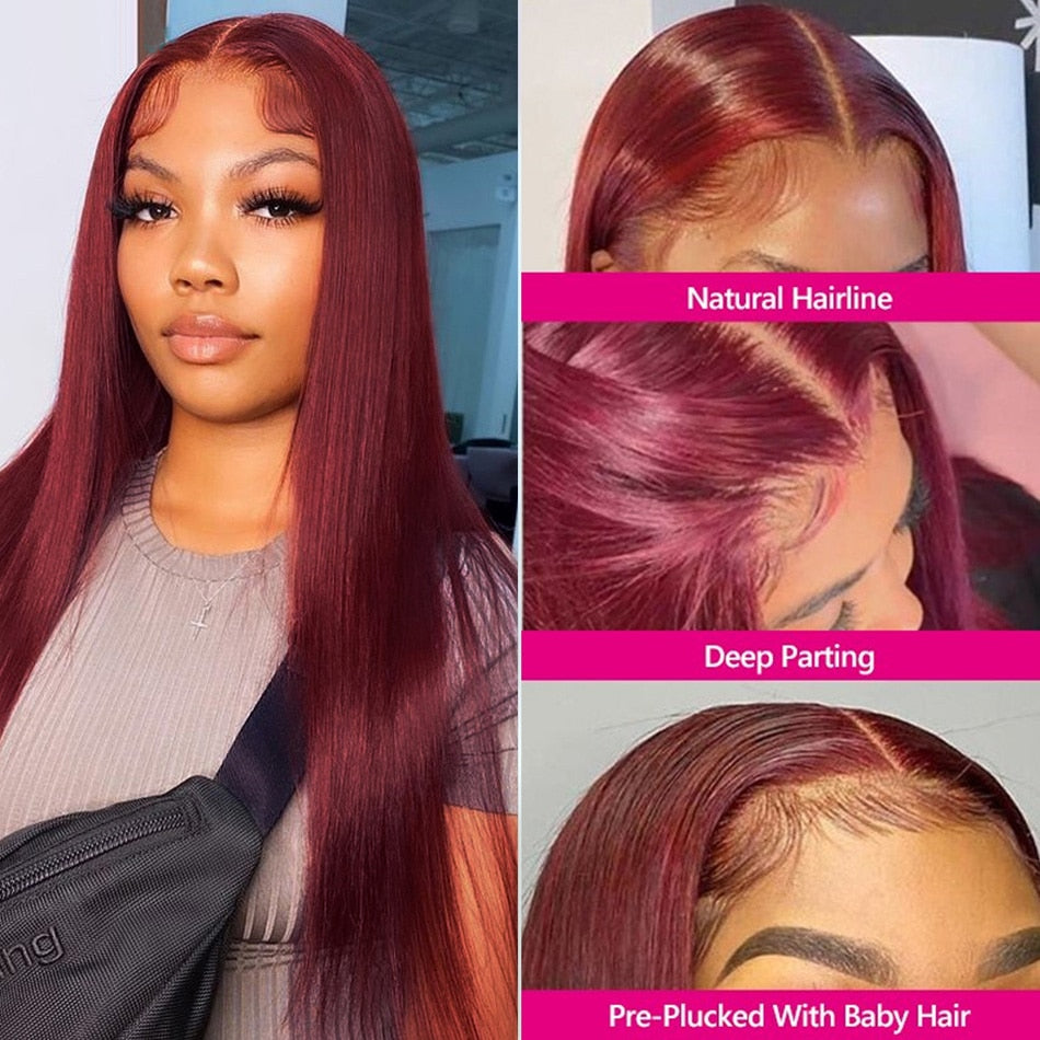Peruvian Straight Hair Lace Front Wig Human Hair Wigs 99J Burgundy Pre-Plucked 13x4 Colored Lace Front Human Hair Wigs for Women