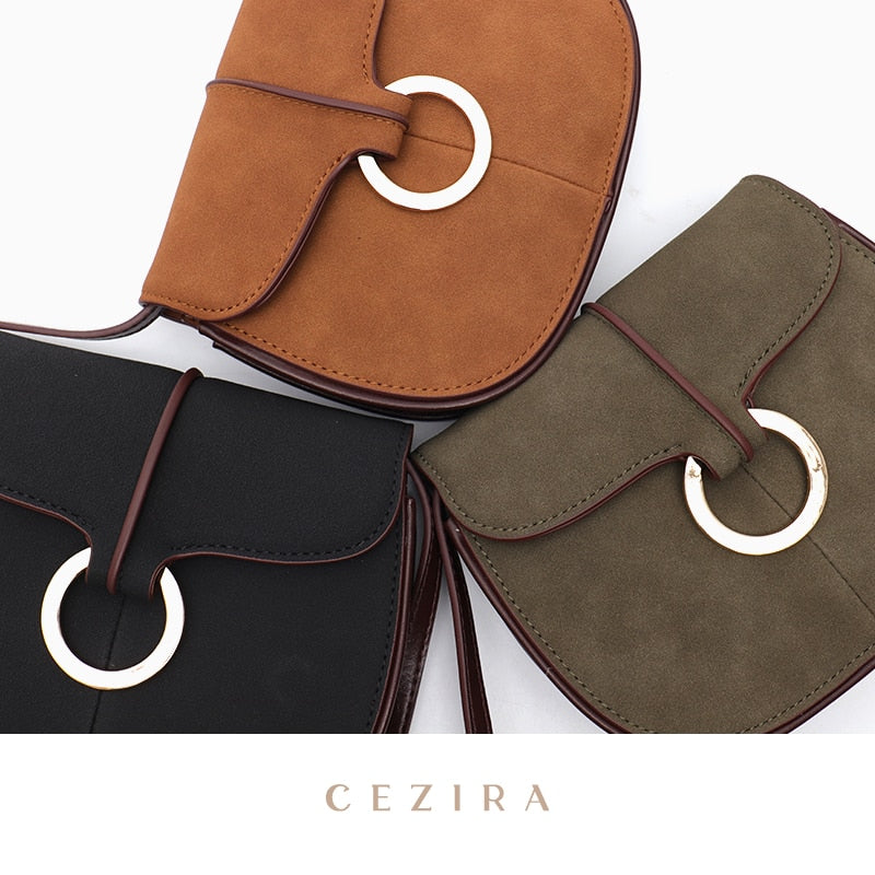 CEZIRA Retro Casual PU Leather Saddle Handbags For Women Luxury Design Flap Messenger Purse Female Small Faux Sued Shoulder Bags