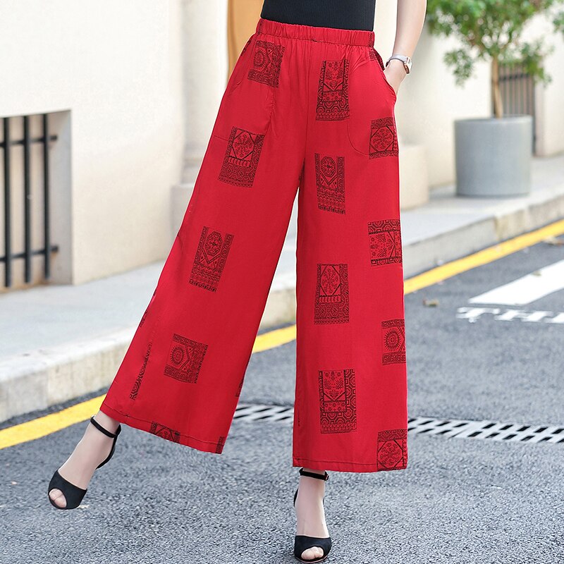 2023 Summer Wide Leg Pants Women Casual Elastic Waist Wide Leg Trousers with Print Ankle-Lengtht High Waist Pants Summer Bottoms