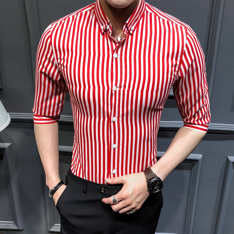 Men&#39;s Shirt Fashion Casual Striped Long Sleeved 3/4 Sleeve Slim Fit Spring Summer Autumn Quality Male Button Down Shirt