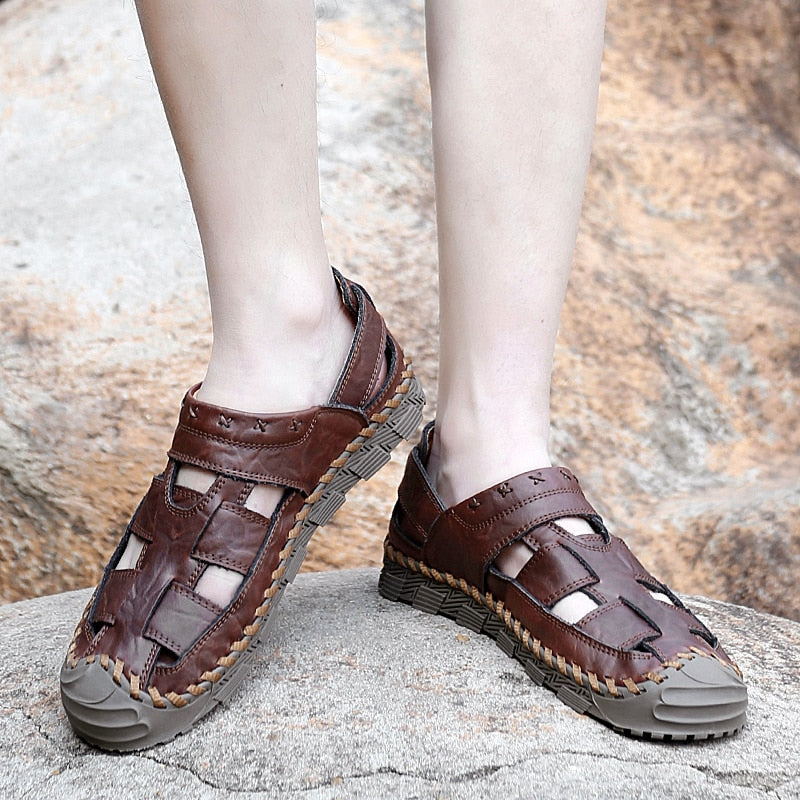 New Men&#39;s Leather Sandals 2023 Hot Sale Summer Business Casual Shoes Outdoor Beach Wading Slippers Men&#39;s Shoes Big Size 38-48